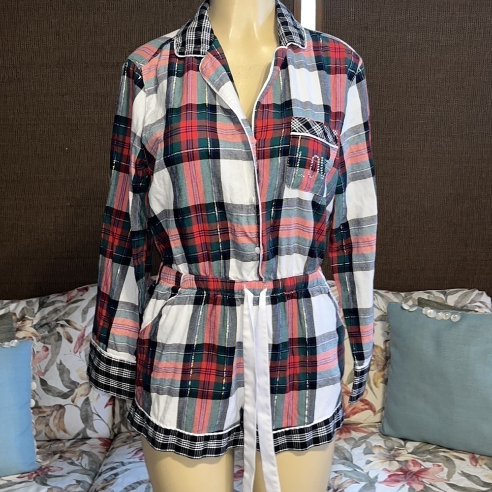 Victoria Secret Flannel Sleep Romper Plaid Red Green Shimmer CRYSTAL Love S - Picture 3 of 9